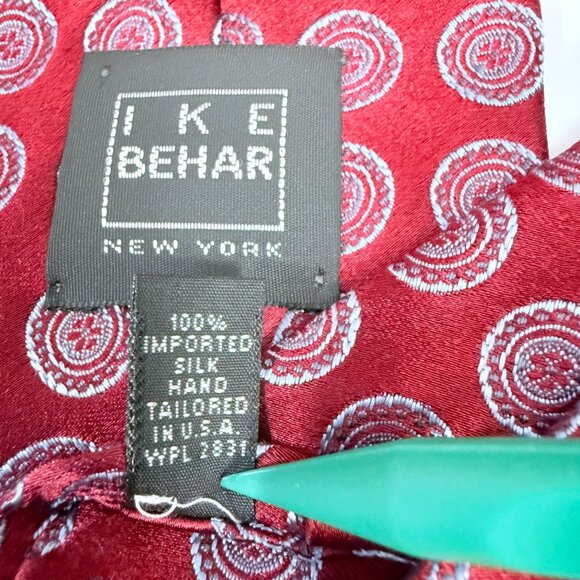 NWT Ike Behar Mens Red Silk Periwinkle Circle Patterned Necktie Tie Made in USA - Picture 4 of 7